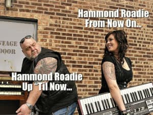 Man with an old Hammond and a woman with a new Hammond showing the difference between old and new Hammonds